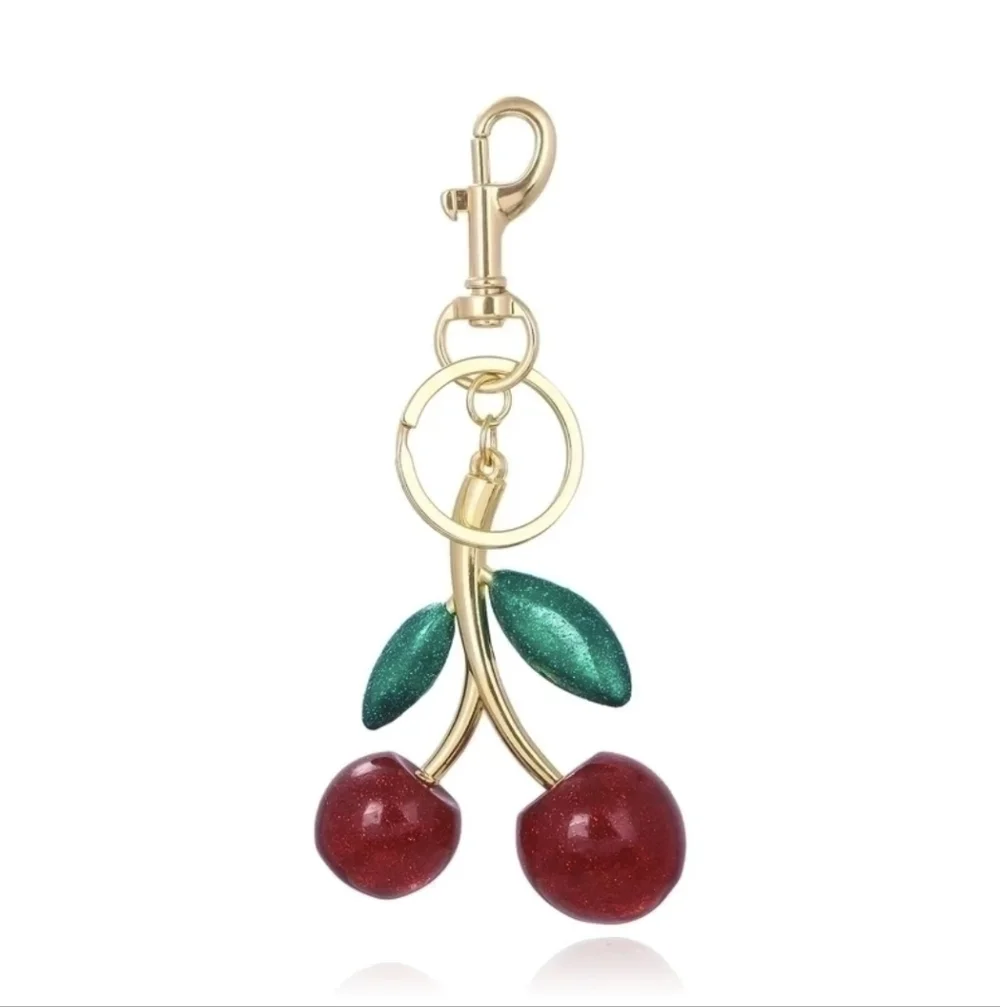 Cherry Keychain/Bag Charm with Gold & Green Accents